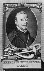Portret van Felix Lope de Vega y Carpio (1562-1635), Spaanse romanschrijver, dichter en toneelschrijver, gravure