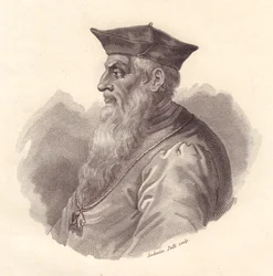Portret van Italiaanse admiraal Andrea Doria (1466-1560), kopergravure door Ludovico Pelli