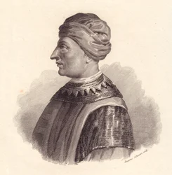 Portret van de Italiaanse legerleider Can Francesco della Scala, ook bekend als Cangrande I (1291-1329), kopergravure door Eugenio Silvestri