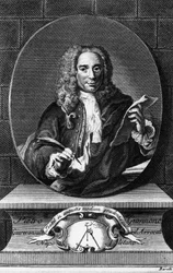 Portret van Pietro Giannone, Italiaanse filosoof, historicus en jurist, gravure door Antonio Baratti uit Istoria civile del Regno di Napoli door Pietro Giannone