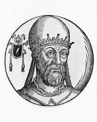 Portret van Sint Martinus I, 74e paus van de Katholieke Kerk, gravure