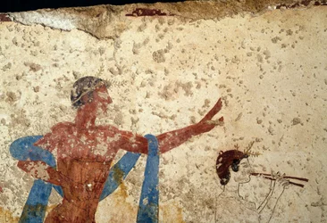 Processie met atleet, detail, fresco uit het Graf van de Duiker, Paestum, Campania, Italië, Oud-Griekse beschaving, Magna Graecia, 3e eeuw v.Chr. (foto)