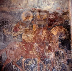 Heiligen te paard, fresco in kerk, Komitates, Kreta, Griekenland