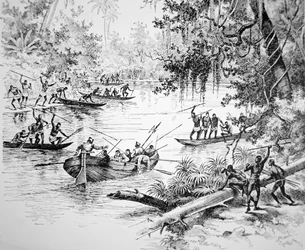 Spaanse conquistadores aangevallen door inboorlingen in Zuid-Amerika