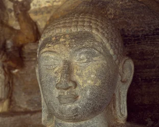 Sri Lanka, Polonnaruwa, detail van standbeeld van Boeddha van Gal Vihara (UNESCO Werelderfgoedlijst)