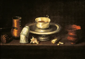 Stilleven met kopje chocolade of Ontbijt met chocolade