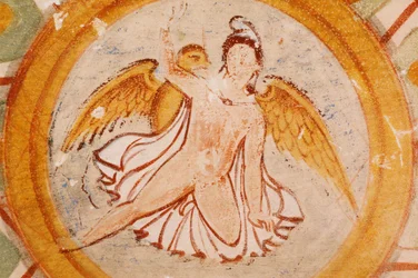 Syrië, Palmyra, Vallei der Graven, Hypogeum fresco van engel in graf van drie broers