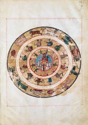 De zonnewagen en de tekens van de dierenriem, miniatuur uit een vroegmiddeleeuws manuscript, astronomische tabel door Ptolemaeus (ca. 100-175), Hellenistische beschaving