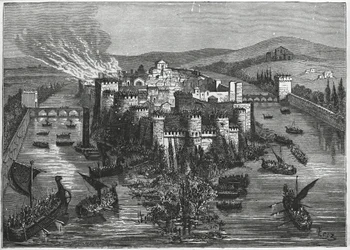 Vikingen belegeren Parijs in 845 (gravure)