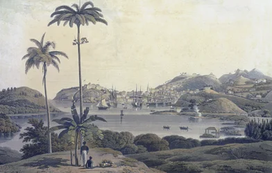 Een uitzicht op de stad St. George op het eiland Grenada, genomen vanaf het Belmont Estate, gegraveerd door William Daniell (1769-1837), c.1810