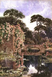 Een oude muur en watertuin