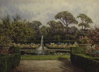De lelievijver tuin met een ronde vijver en een cherubijn fontein