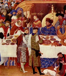 De Duc de Berry, rechtsonder zittend, met zijn rug naar het vuur, is in het blauw gekleed en draagt een bontmuts. Hij nodigt zijn familie en vrienden uit om zich aan hem voor te stellen. Achter hem staat het opschrift "Approach Approach". Verschillende vri