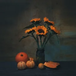 Herfstzonnebloemen en pompoenen