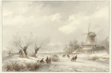 Winterlandschap met schaatsenrijders bij een molen