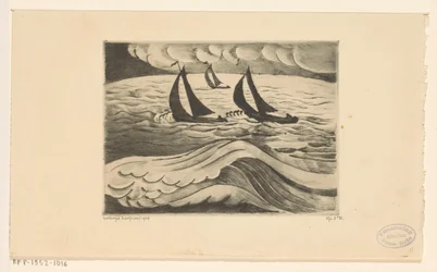 Drie zeilschepen bij storm op zee