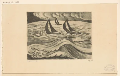 Drie zeilschepen bij storm op zee