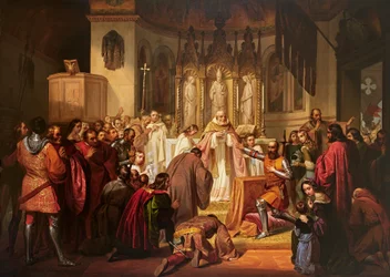 Vittore Pisani ontvangt de heilige communie voordat hij het bevel over een expeditie tegen de Genuezen overneemt