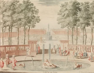 De Fontein van Hercules, met die van de Groote Sprong, voor 