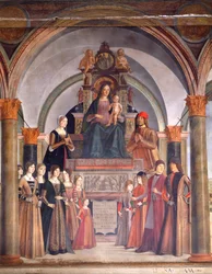 Madonna en kind met engelen door Lorenzo Costa, Bentivoglio-kapel in de kerk van San Giacomo Maggiore, Bologna, Italië