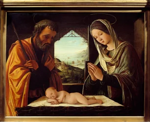 Nativiteit houtschilderij door Lorenzo Costa (1460-1535) 1490