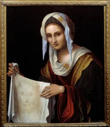 De heilige Veronica. De Heilige Sluier toont het gezicht van Christus, wiens zweet Veronica tijdens de klim naar Golgotha zou hebben afgeveegd. Schilderij van Lorenzo Costa (1460-1535). Afmetingen: 0,64 x 0,54 m.