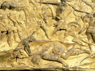 David en Goliath, detail van het originele paneel van de oostdeuren van de doopkapel, 1425-52 (na restauratie)