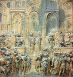 Koning Salomo ontvangt de koningin van Saba in de Laagreliëftempel van Lorenzo Ghiberti