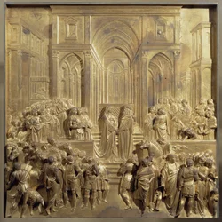 De ontmoeting van koning Salomo en de koningin van Sheba. Origineel paneel van de deur van het Paradijs