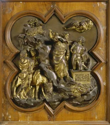 Het offer van Isaak. Oorspronkelijk paneel van de Paradijspoort (oostelijke deur van het baptisterium), na restauratie. Verguld brons, 1425-52. Museo del Bargello, Florence.