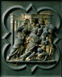 Noordpoort (genoemd Poort van het Kruis, in het noorden), buitendetail: Jezus verjaagt de handelaars uit de tempel