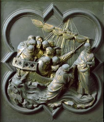 Noordpoort (genoemd Poort van het Kruis, in het noorden), buitendetail: Christus loopt op water