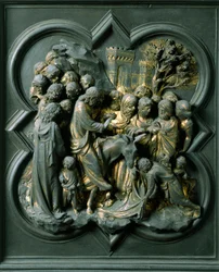 Noordpoort (genoemd de Poort van het Kruis, in het Noorden), exterieur detail: de ingang van Jeruzalem, bronzen sculptuur gemaakt door Lorenzo Ghiberti