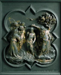 Noordpoort (genoemd Poort van het Kruis, in het noorden), exterieur detail: "De doop van Christus" Bronzen sculptuur gemaakt door Lorenzo Ghiberti