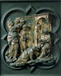 Noordpoort (genaamd Kruispoort, naar het noorden), exterieur detail: Aanbidding der Wijzen. Bronzen sculptuur gemaakt door Lorenzo Ghiberti