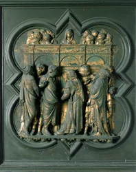 Noordpoort (genoemd Porte de la Croix, in het noorden), exterieur detail: "Pinksteren" Bronzen sculptuur gemaakt door Lorenzo Ghiberti