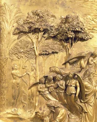 Het Verhaal van Adam, detail van De Verleiding van Adam en Eva, van een van de originele panelen van de Oostdeuren van de Doopkapel (post restauratie)