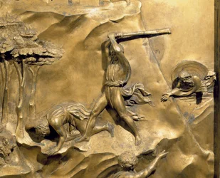 Het verhaal van Kaïn en Abel, detail van de moord op Abel, oorspronkelijk paneel van de Oostdeuren van het Baptisterium, 1425-52, verguld brons, na restauratie