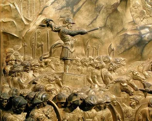 Het verhaal van David en Goliath, detail (detail) van Saul, van het originele paneel van de oostdeuren van de doopkapel