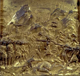 Het verhaal van David en Goliath, een van tien reliëfpanelen van de Paradijspoort (oostdeuren), 1425-52