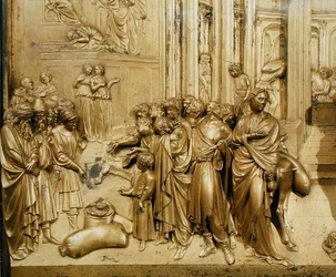Het verhaal van Jozef, detail (detail) van het vinden van de zilveren beker, van het originele paneel van de oostdeuren van de doopkapel