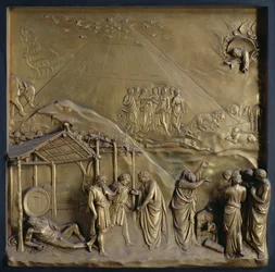 Het Verhaal van Noach: de Uittocht uit de Ark, de Dronkenschap van Noach en zijn Offer aan God, een van tien reliëfpanelen van de Poorten van het Paradijs (Oostdeuren), 1425-52