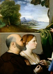 Madonna en kind met twee schenkers, door Lorenzo Lotto (ca. 1480-1556), detail
