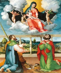 Madonna in glorie met heiligen Cosmas en Damian in aanbidding