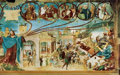Rechterzijde van de Capella Suardi, Kerk Santa Barbara in ... (muurschildering)