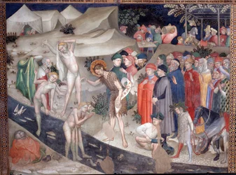 Sint Johannes de Doper die de neofieten doopt aan de oever van de Jordaan, fresco door Lorenzo