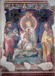 Maagd met kind omringd door de apostel Jacobus en Johannes de Doper