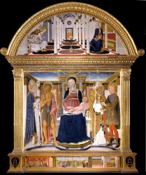 Madonna met Kind en Heiligen Blaise, Johannes de Doper, Nicolaas en Florian. De Aankondiging, 1462