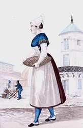 Traditionele klederdracht van St. Valery en Caux, gegraveerd door Gatine ca. 1820