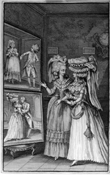 Illustratie door Louis Binet (1744-1800) voor het boek van Nicolas Edme Restif de La Bretonne "Les Parisiennes", of XL Algemene Karakters Genomen in de Moderne Moors, geschikt om te dienen als instructie voor de Persoon-du-Sexe, getrokken uit de memoires v